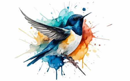 Watercolor illustration of a swallow on a background of splashes.のイラスト素材