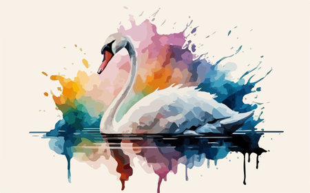 Vector illustration of a swan on a watercolor splash background.のイラスト素材