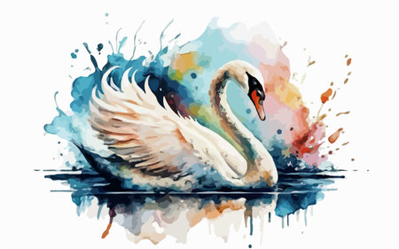 Swan on watercolor splashes background. Vector illustration. Hand drawn.のイラスト素材