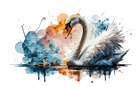 Vector illustration of two swans in watercolor splashes. Vector illustration.のイラスト素材