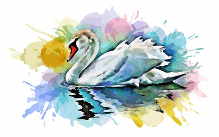 Illustration of a white swan swimming on a watercolor backgroundのイラスト素材
