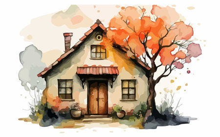 Hand drawn watercolor illustration of an old house in the autumn.のイラスト素材