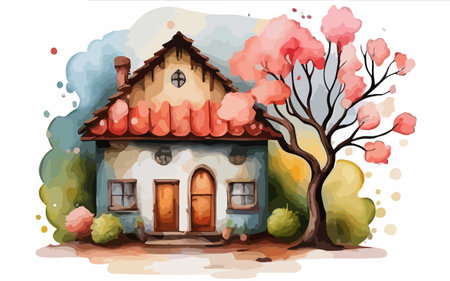 Vector illustration of a beautiful old house with a tree in the backgroundのイラスト素材