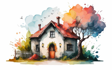 Hand drawn vector illustration of a country house in the autumn season.のイラスト素材