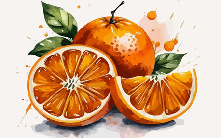 Illustration of oranges with watercolor splashes on white background.のイラスト素材