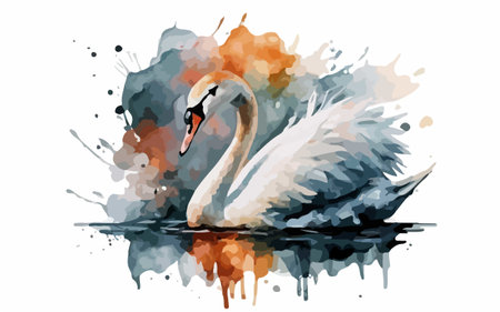Watercolor swan on watercolor splashes. Vector illustration.のイラスト素材