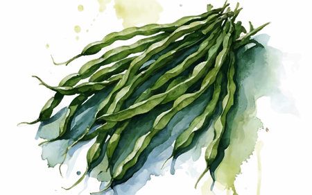Watercolor drawing of green beans. Hand drawn illustration on white background.のイラスト素材
