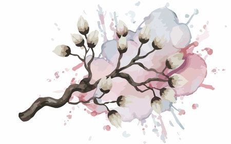 Illustration of cherry blossom branch with watercolor splashes.のイラスト素材