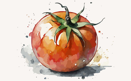 Illustration of a tomato with watercolor splashes on a white backgroundのイラスト素材