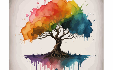 Tree with colorful splashes on watercolor background. Vector illustration.のイラスト素材