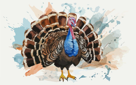 Vector illustration of a turkey on a background of watercolor splashes