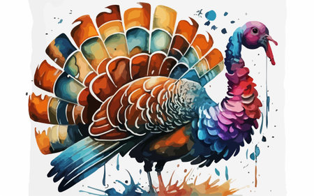 Colorful hand drawn illustration of a turkey on a white background.