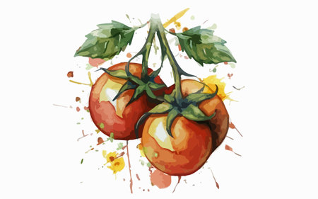 Tomatoes with watercolor splashes. Hand drawn vector illustration.のイラスト素材