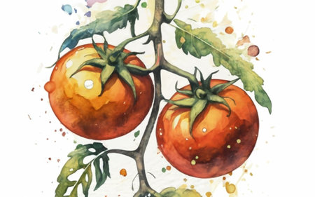 Watercolor illustration of ripe tomatoes on a branch. Hand drawn watercolor illustration.のイラスト素材