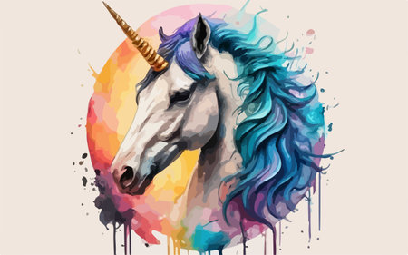 Unicorn head on watercolor splash background. Vector illustration.のイラスト素材