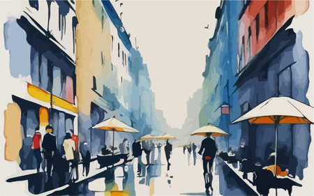 Illustration of people walking on the street in Paris, France.のイラスト素材