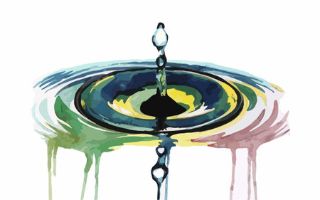 Watercolor illustration of a water drop falling on the surface of a fountain.のイラスト素材