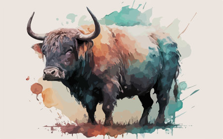 Watercolor painting of a bull on grunge background. Vector illustration.のイラスト素材