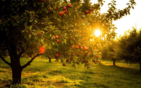 Apple orchard at sunset. Fruit trees with ripe apples in orchardの素材