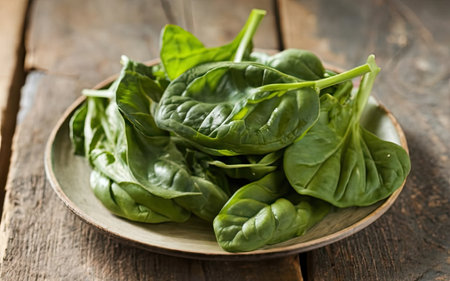 Fresh spinach leaves in a plate on a wooden rustic background.の素材