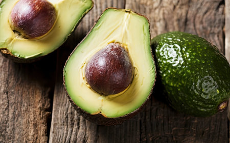 Avocado on wooden background. Close up of fresh avocados.の素材