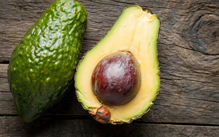 Avocado on wooden background. Top view. Copy space for text.の素材