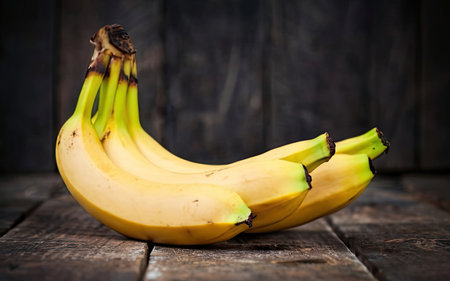 Bunch of bananas on a wooden background. Selective focus.の素材
