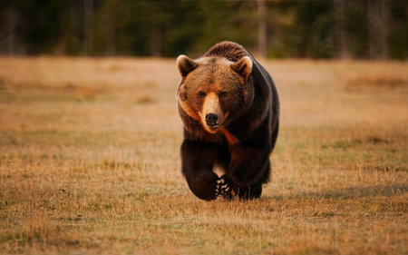 Brown bear running in the autumn forest. Scientific name: Ursus arctos.の素材