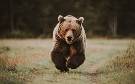 Brown bear running in autumn forest. Scientific name: Ursus arctos.の素材