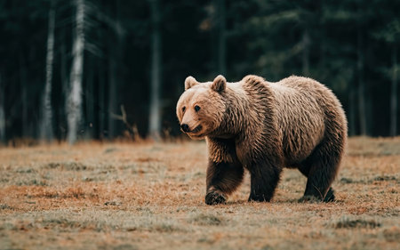 Brown bear walking in the autumn forest. Scientific name: Ursus arctos.の素材
