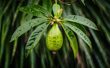 Close-up of a green seed pod on a tree in the gardenの素材