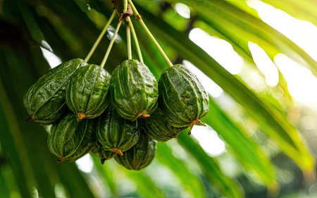 Close up of fresh green coconuts hanging on the tree.の素材