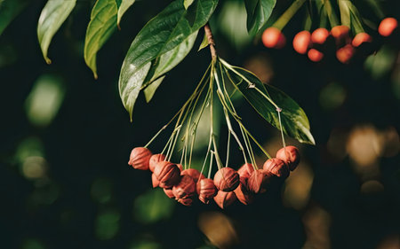 Flowering branch of a hawthorn bush with red berriesの素材