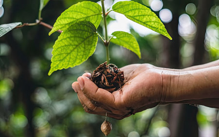 Hand holding a small seedling in the rainforest of Cebu, Philippinesの素材