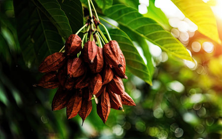 Cacao pods on a tree in the rainforest. Natural background.の素材