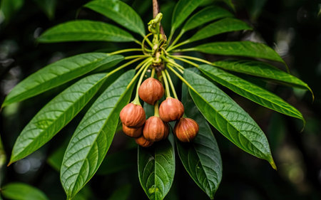 Close up of the fruits of a tree with green leaves and fruitsの素材