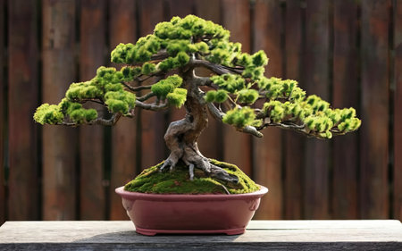 Bonsai tree in ceramic pot on wooden table with blurred backgroundの素材