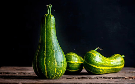 Green pumpkins on wooden table. Dark rustic background. Copy space.の素材