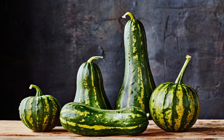 Three green gourds on a dark background. Autumn harvest.の素材