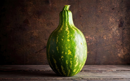 Green pumpkin on a wooden table. Dark rustic background. Toned.の素材