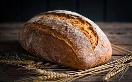 Freshly baked homemade bread on rustic wooden table with wheat earsの素材