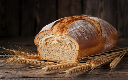 loaf of bread and ears of wheat on a dark wooden backgroundの素材