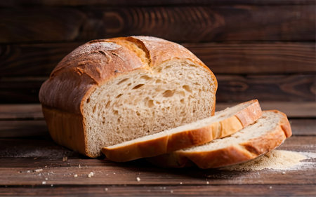 Freshly baked loaf of bread and wheat flour on wooden background.の素材