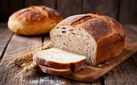 fresh bread and wheat on a wooden background. tinting. selective focusの素材