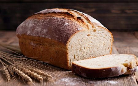 Freshly baked bread on a wooden background. Selective focus.の素材