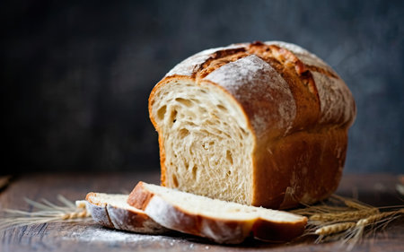 fresh bread and wheat on the wooden table, dark rustic styleの素材