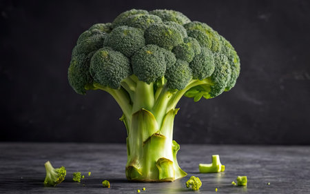 Fresh green broccoli on a black background. Copy space for text.の素材
