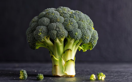 Broccoli on a dark background, close-up, selective focus.の素材