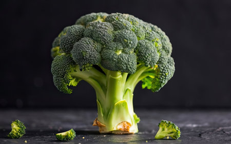 Fresh green broccoli on a dark background, close-up, vertical photoの素材