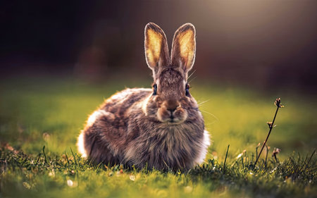 Rabbit in the meadow at sunset. Animal in nature.の素材
